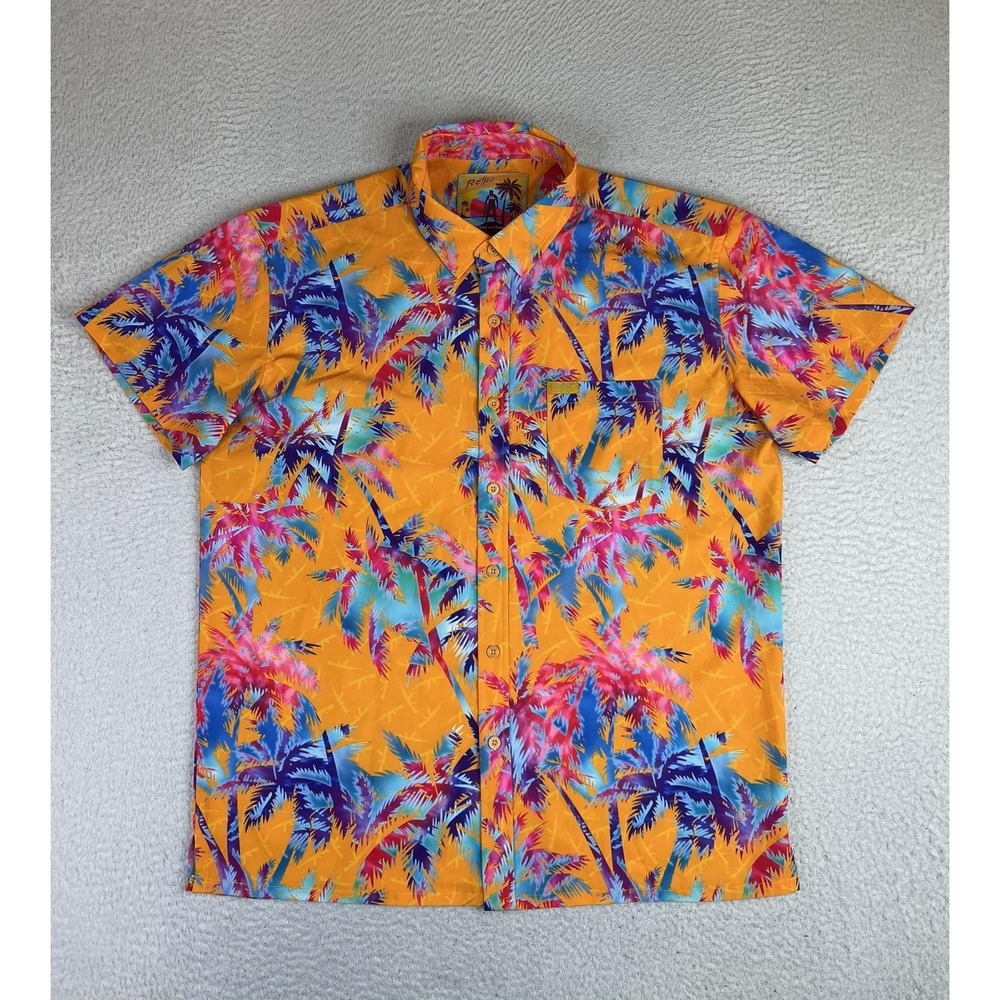 Retro Rifle Shirt Mens XL Orange Palm Tree AKs And Vacays Hawaiian SS